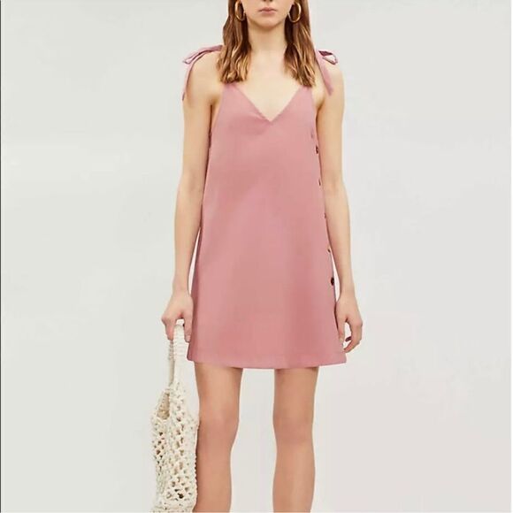 NWT Topshop Tilda Side Button Pink Mini Slip Dress Shoulder Ties Women's sz 6 - Picture 1 of 15